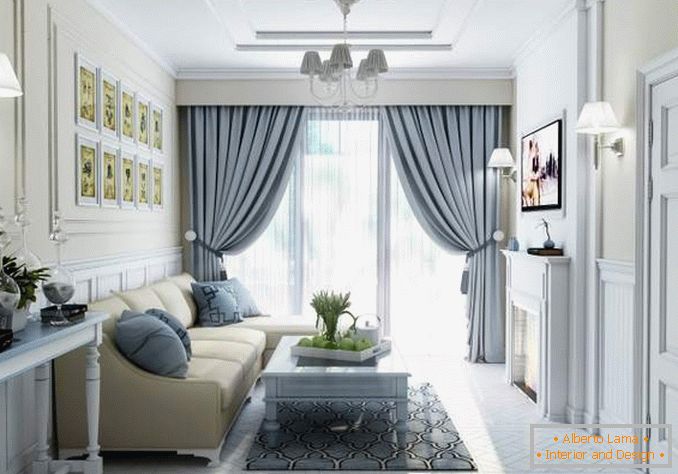 Dizajn obývacej izby s panoramatickými oknami a krásnymi závesmi