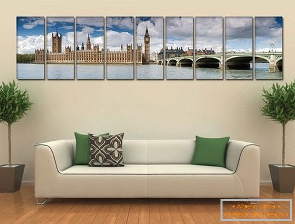 Krásny dizajn obývacej izby s fotografiou na plátne