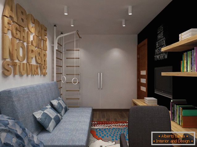 Švédska stena v obývacej izbe dvojizbového bytu v Rusku