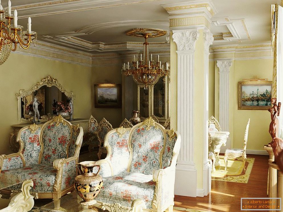 Vynikajúci luxusný barokový štýl pre hosťovskú izbu. Správny príklad osvetlenia pre barokový štýl.
