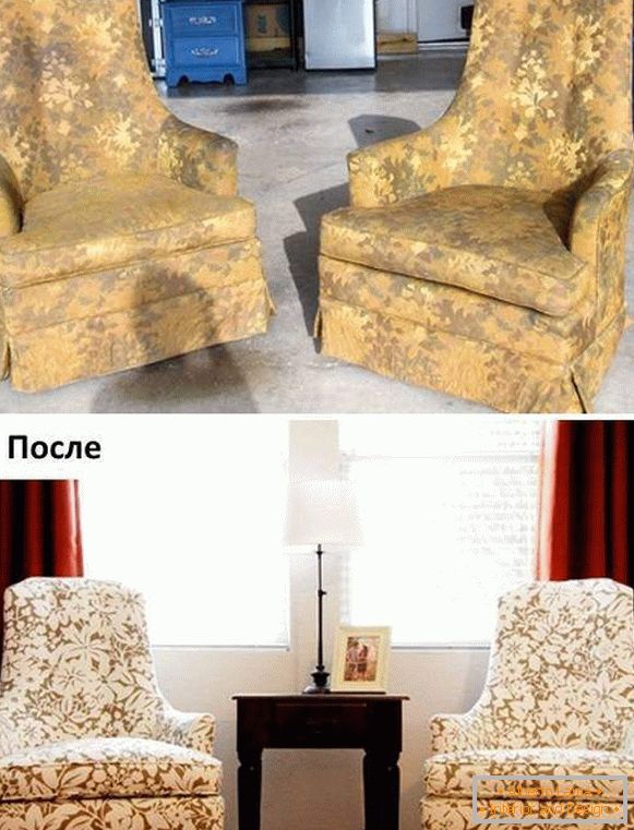 Oprava čalúneného nábytku - foto kresiel pred a po