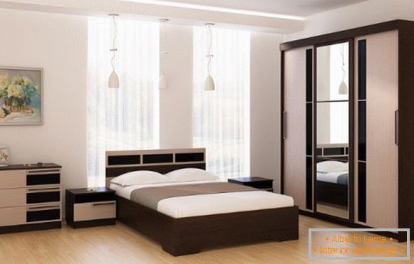 Moderný dizajn skriňových priestorov v spálni - dve farby a zrkadlo