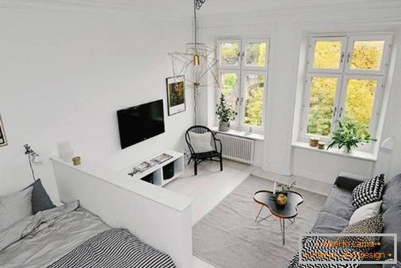 Jedenizbový apartmán v škandinávskom štýle - obývacia izba a spálňa