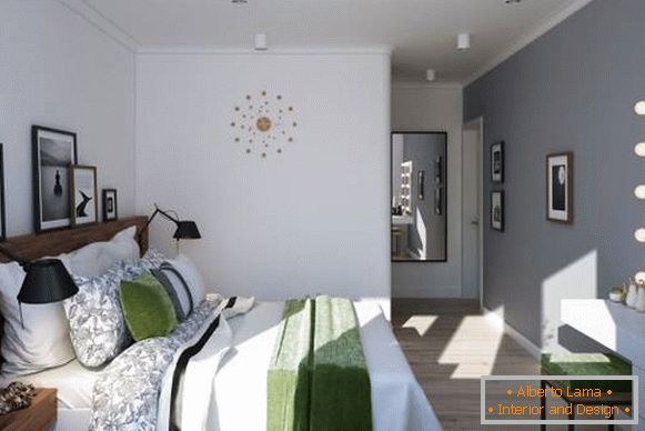 Návrh spálne v dvojizbovom apartmáne v škandinávskom štýle