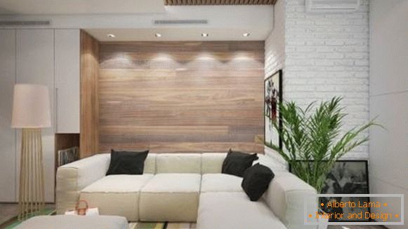 Nástenné dekorácie s drevenými panelmi - fotka obývacej izby v modernom štýle