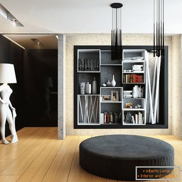 Štýlová nástenná polica v dizajne obývacej izby