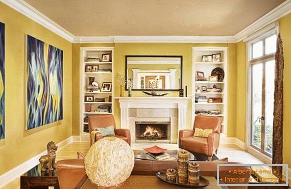 Štýlová obývacia izba so žltými stenami