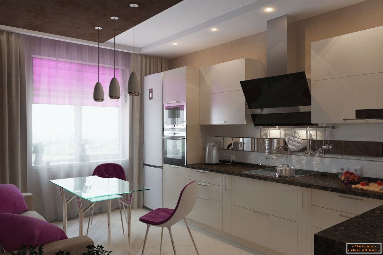 Biela kuchyňa s lilacovými prvkami dekorácie