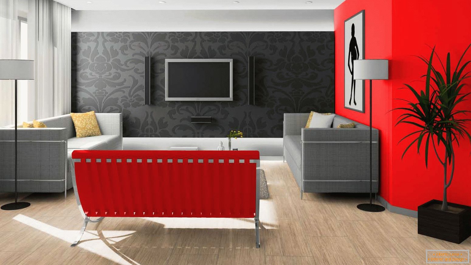 Čierna a červená v dizajne obývacej izby