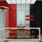 Interiér kúpeľne v červenej, čiernej a šedej farbe