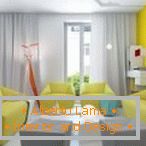 Žltá stena v svetlej obývacej izbe