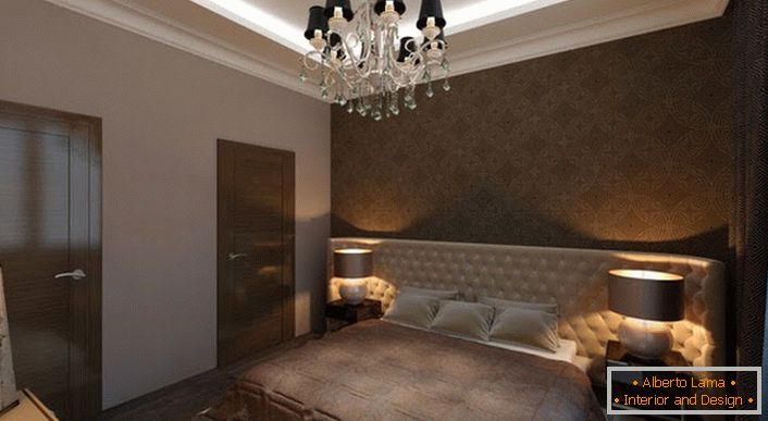 Spálňa v štýle Art Deco s pravým osvetlením. Tmavé svetlo vytvára atmosféru súkromia a romantiky v miestnosti.