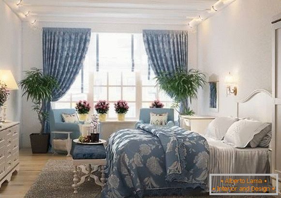 Romantická izba Provence - fotografický dizajn v bielej a modrej farbe
