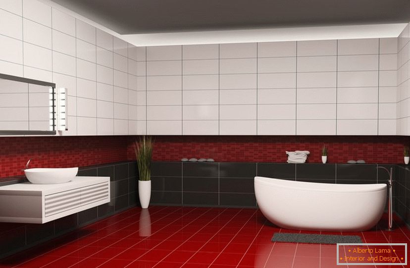 Červené, čierne a biele dlaždice v dizajne kúpeľne