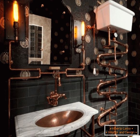 Steampunk-štýl kúpeľňa s viktoriánsky tapety