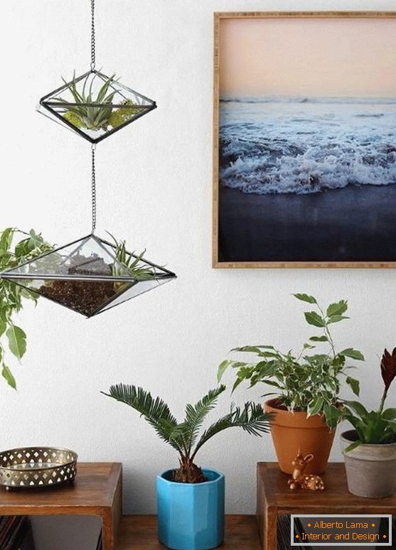 Prívesková dekorácia - sklenené hrnce s rastlinami