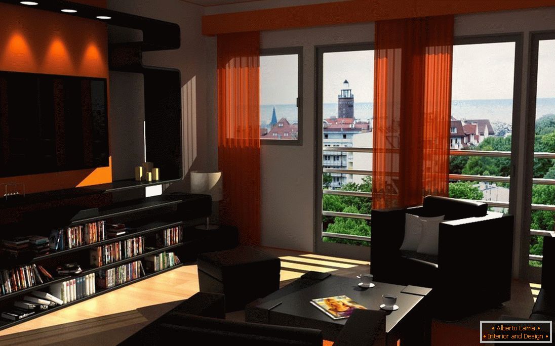 Temný nábytok a oranžové záclony v obývacej izbe