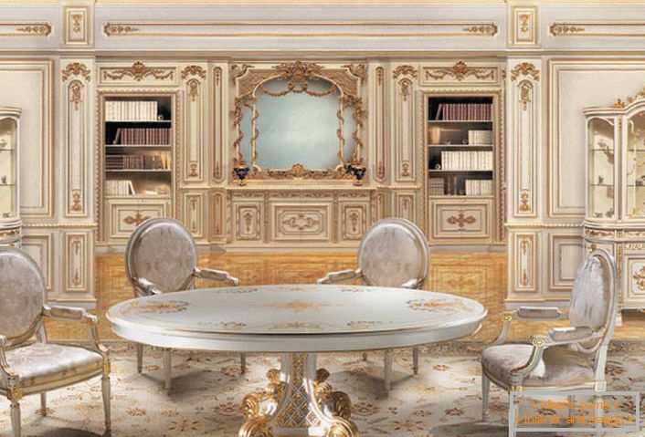 Designový projekt v barokovom štýle pre veľkú obývaciu izbu. Drevené stoličky a stôl sú vyrobené v jednom štýle.