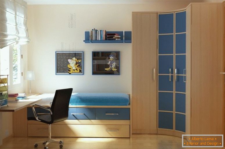 pekne zvýraznenie moderné-small-spálňa-múr-farby-predstavovať-single-bed-ktorý-sa-storage-zásuvky pripojené-s-rohu zahnutými-drevenú skriňu
