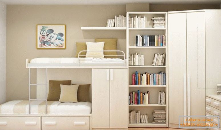 bielo-drevené-poschodová posteľ-s-storage-i-zásuviek, kombinovaným s kníh-police a rohový šatníku-on-the-rohu-of-krém-wall-room