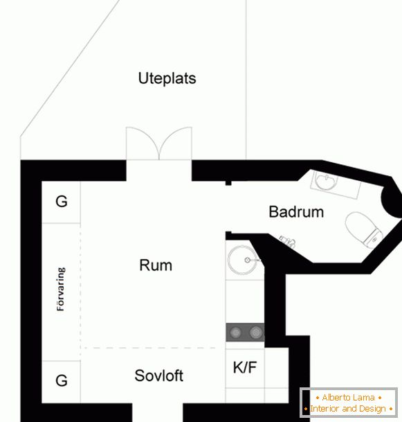 Rozloženie malého štúdiového apartmánu vo Švédsku
