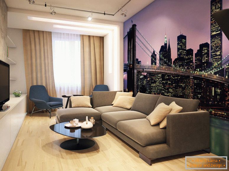 Foto tapety s výhľadom na nočné mesto vo vnútri obývacej izby