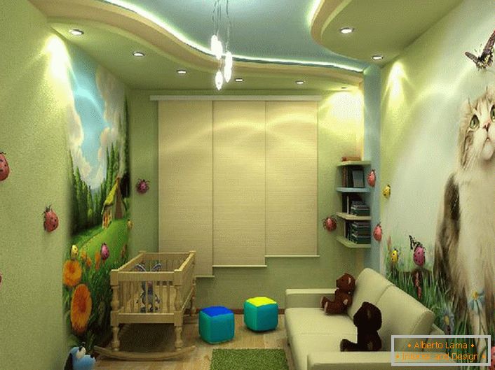 Jasný dizajn detskej izby s farebnými kresbami ako chlapec a dievča. 