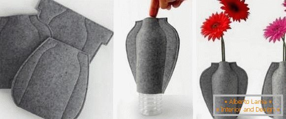 Váza zo sklenenej fľaše a plsti
