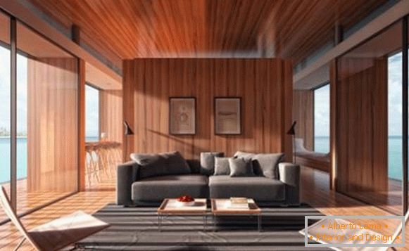 Moderný dizajn obývacej izby s veľkými oknami