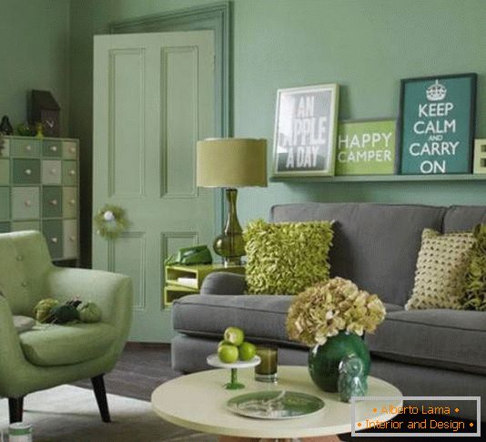Elegantný obývacia izba v zelenej a šedej