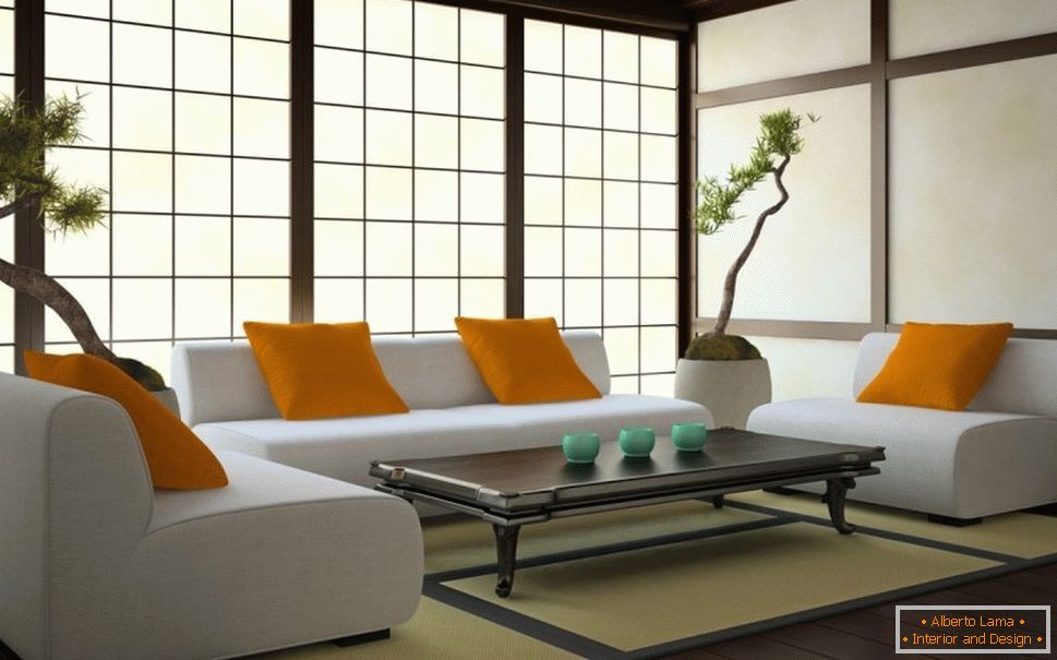 Obývacia izba v japonskom štýle со светлыми стенами и темным полом