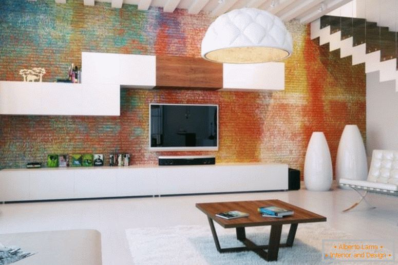 Interiér-výborný-farebné vystavených tehál-Wall-myšlienky-on-podkrovie, obývacia izba-s-vzrušujúce-Wood-1200x799