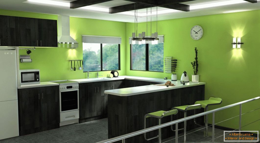 Zelená kuchyňa s čiernym nábytkom