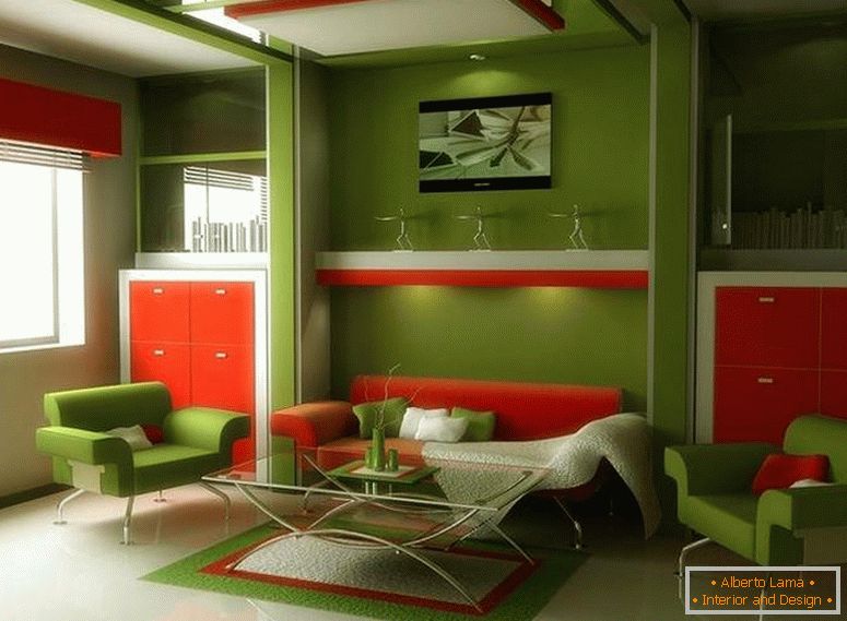 Zelený interiér s oranžovým nábytkom