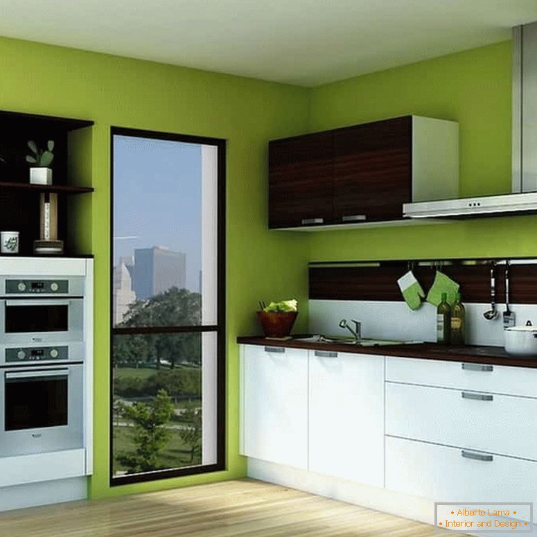 Jasná zelená farba stien a biela kuchyňa