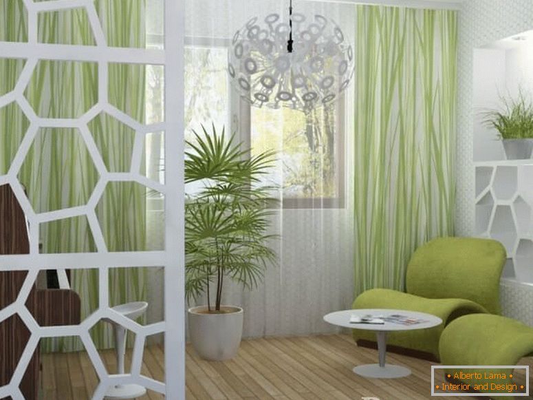 Biela a zelená v obývacej izbe