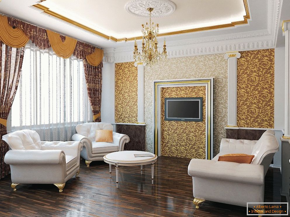 Odtiene zlaté a biele vo vnútri obývacej izby