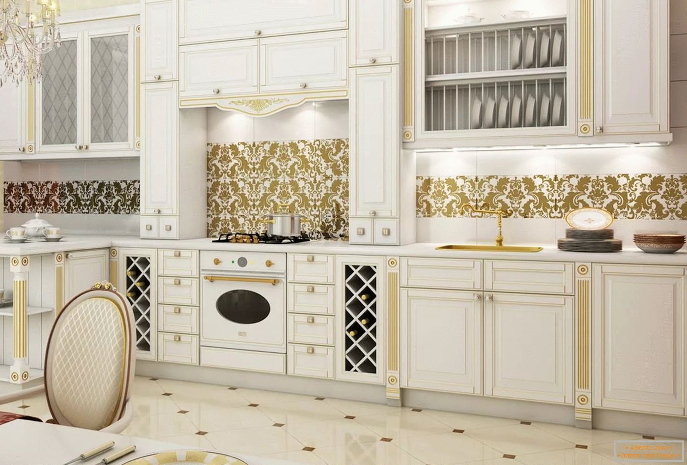Biele a zlaté v interiéri a dizajne kuchyne