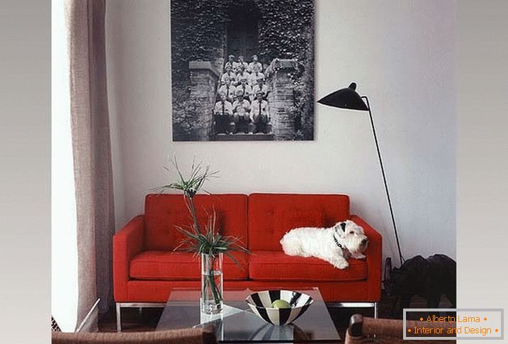 Červená pohovka v malej obývacej izbe