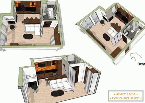 Plán malého bytu o rozlohe 34 metrov štvorcových. m.