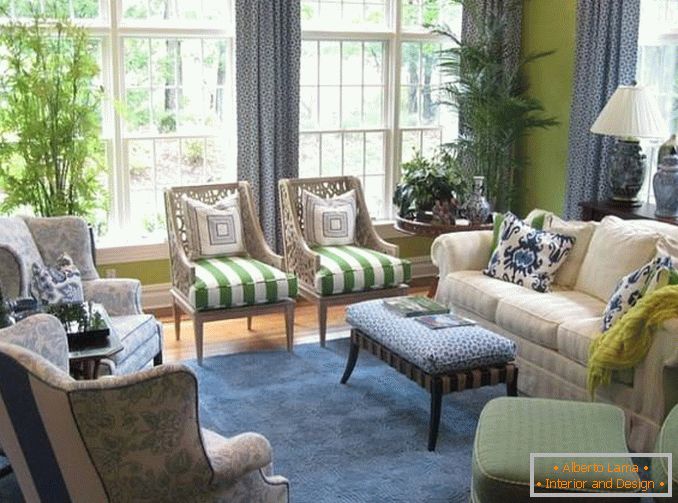 Návrh obývacej izby v zelenej a modrej