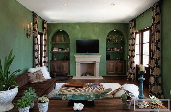 Obývacia izba v zelenej a hnedej farbe