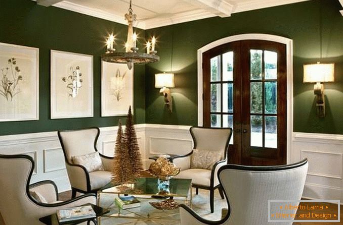 Návrh obývacej izby v zelenej a bielej