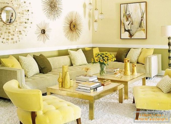 Moderná obývacia izba v žltej a zelenej
