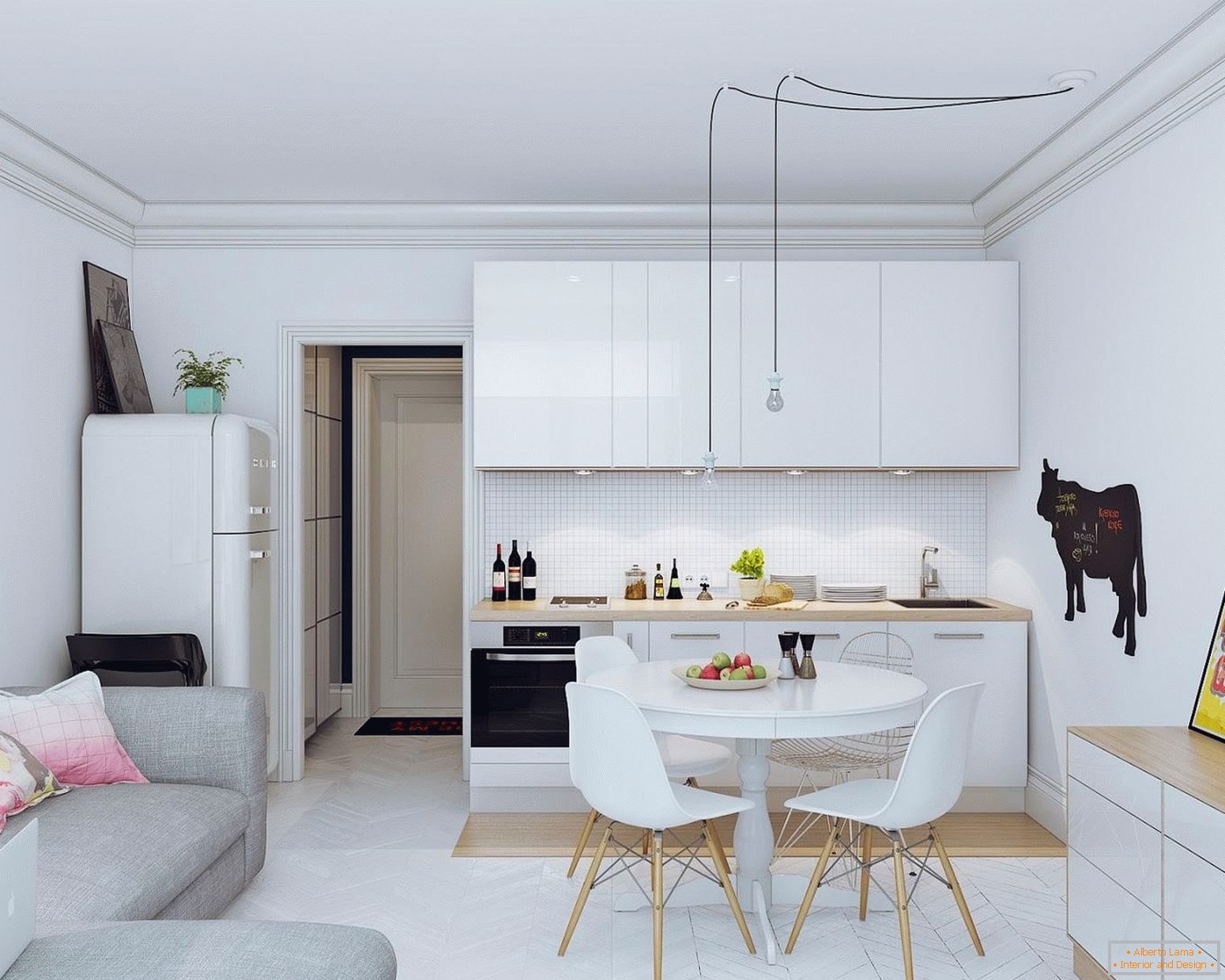 Moderná obývacia izba s kuchyňou v jasnom prevedení