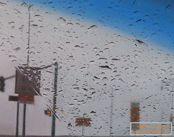 Pohľad z auta v daždi, olejomaľba