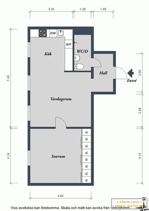 Plán malého bytu vo Švédsku