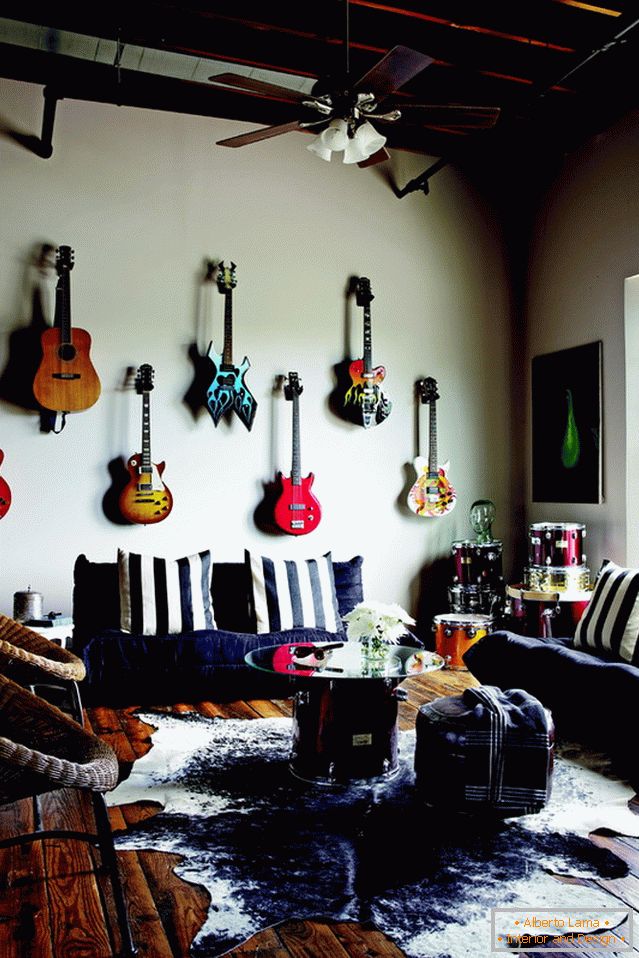 Kytary na stene v obývacej izbe