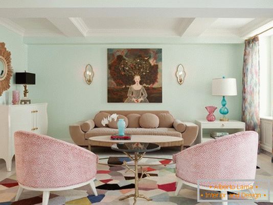 Pastelové farby v dizajne obývacej izby