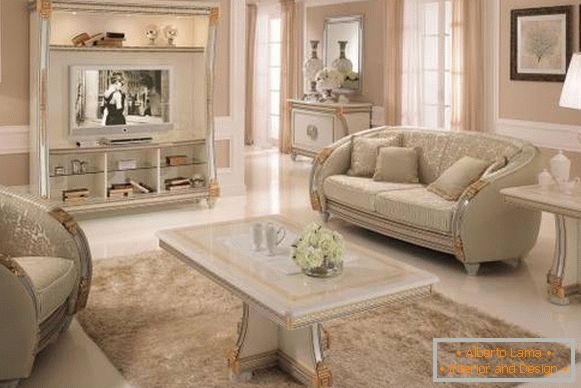Klasický dizajn obývacej izby s bielym nábytkom - foto